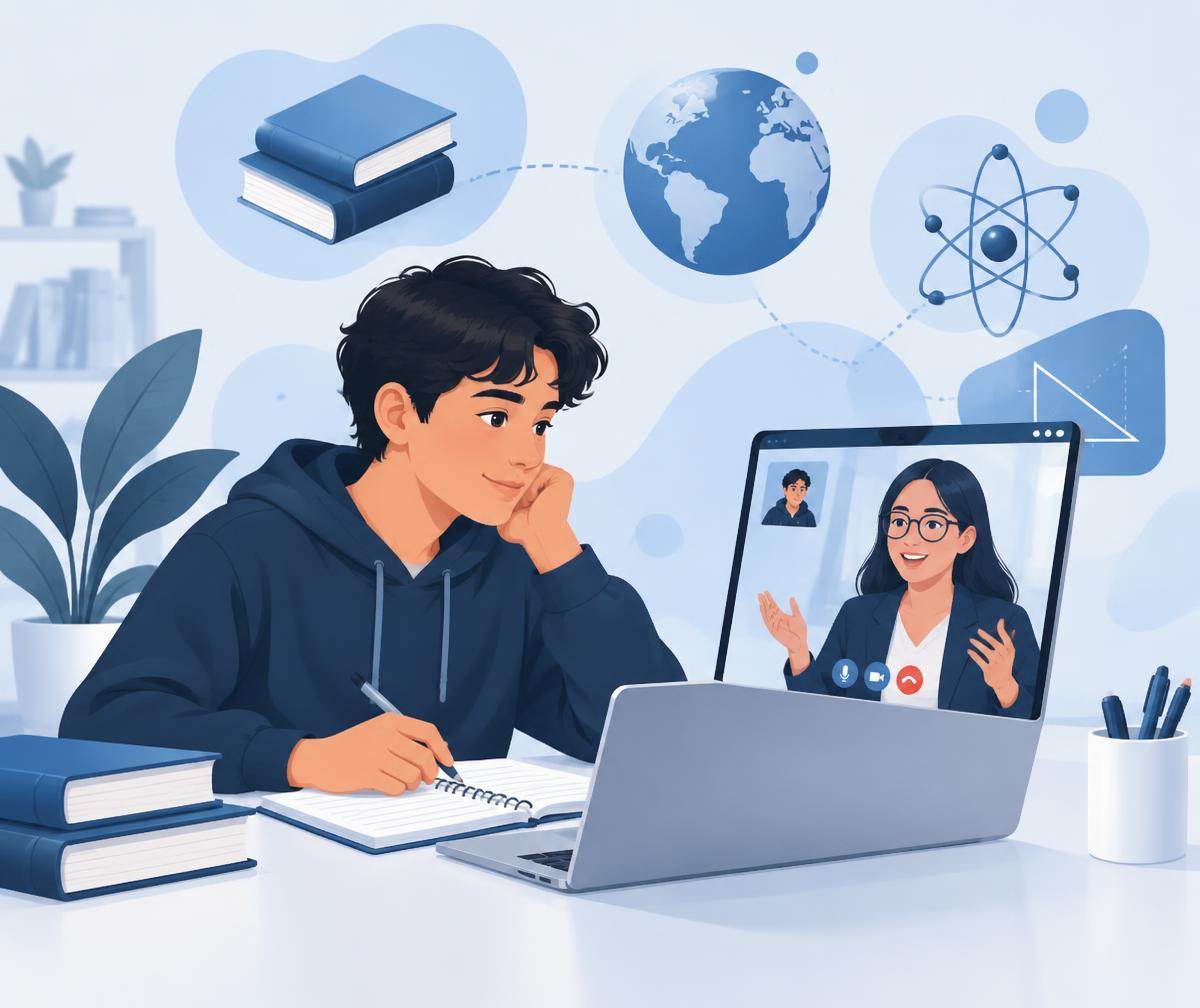 Ученик занимается с преподавателем онлайн